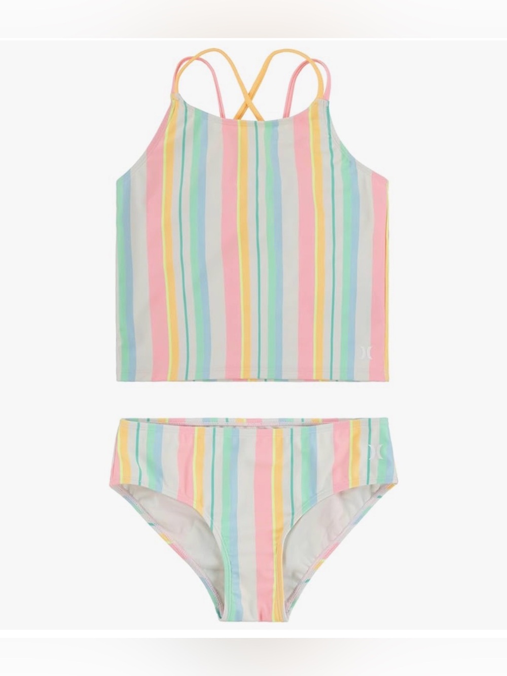 Hurley Pastel Multi-Stripe Girls Tankini Set - Mint Pink Yellow Blue